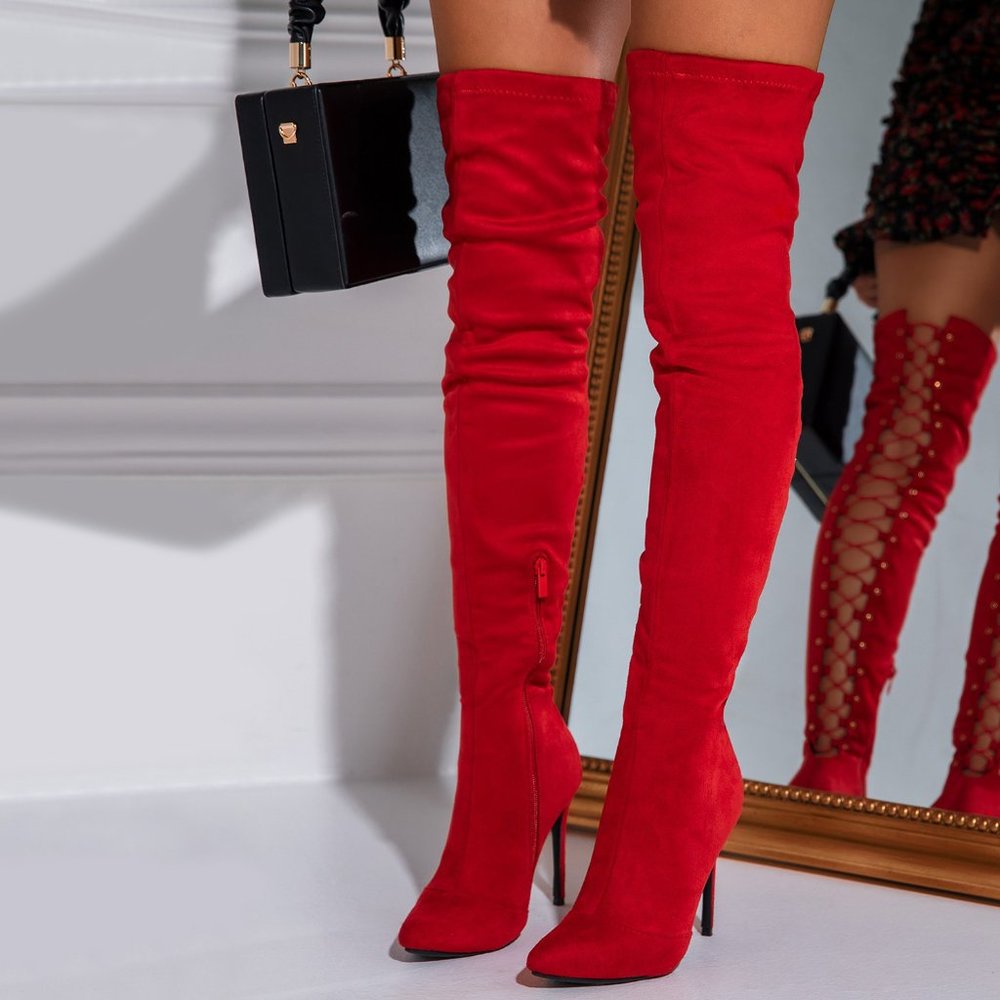 New Red Stretchy Over The Knee Thigh High Boot Gold Studded Stiletto High Heel - Picture 2 of 8